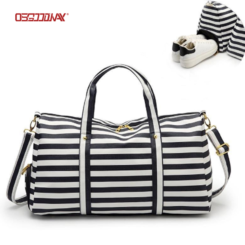 Waterproof Casual Striped PU Leather Shoes Compartment Weekender Duffle Bag Travel Tote Bag For Women